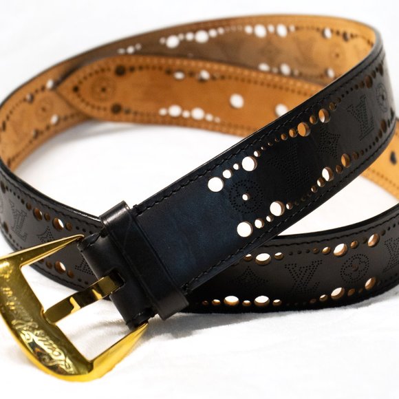 Louis Vuitton Black Perforated Leather Phoenix Belt Designer Size 90 | 36 - Picture 2 of 10